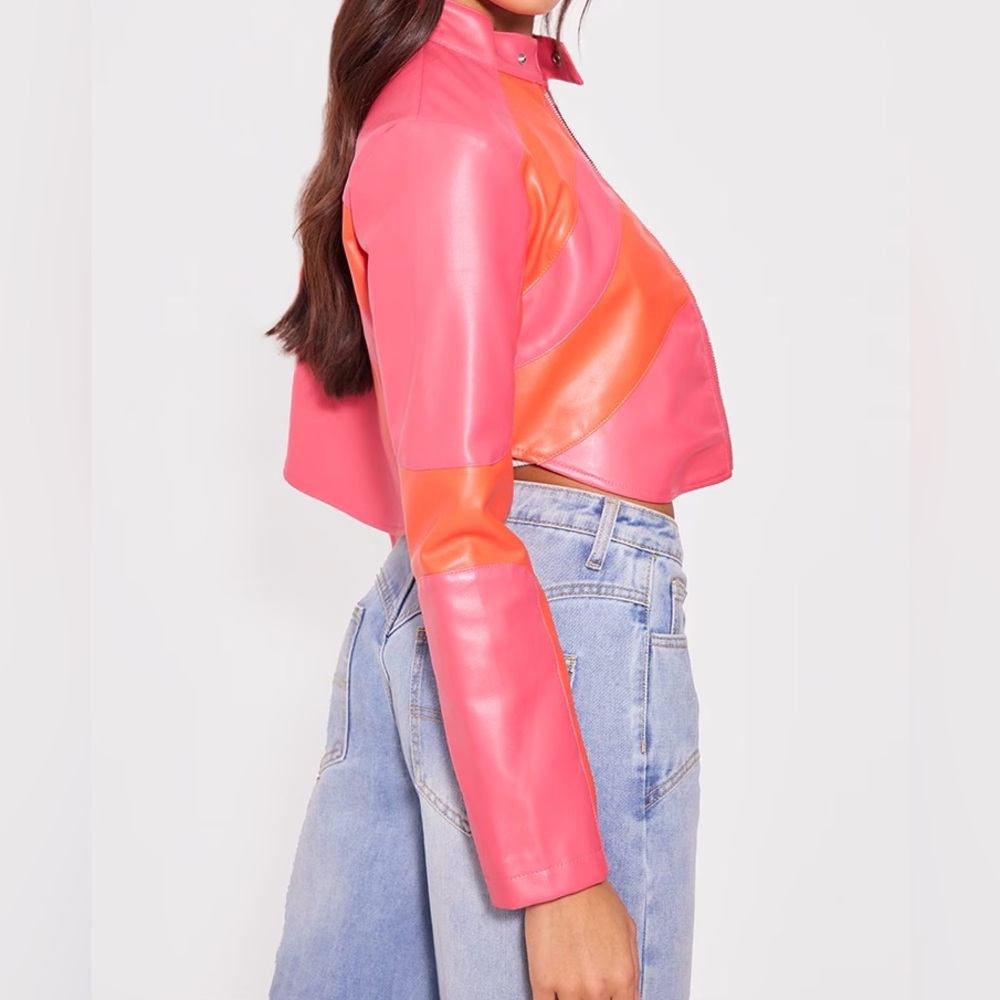 PLT Asymmetrical lines Faux Leather Jacket Pink & Orange Size 8 NWT - Picture 2 of 6